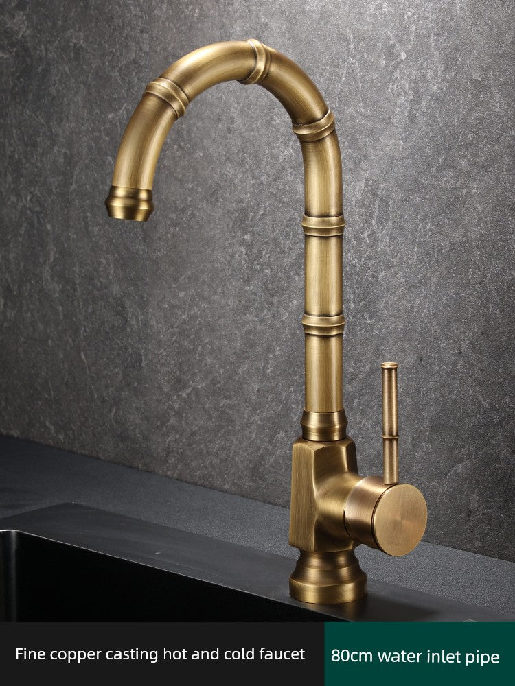 Retro Copper Antique Kitchen Faucet Hot and Cold Wash Basin Sink Pull-out Rotate