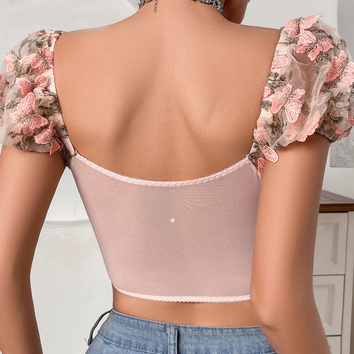 Women Sexy Sheer Lace-Up Puff Sleeves Floral Embroidery Two Piece Set