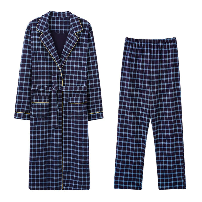 Men’s Cotton Robe Long Sleeve Kimono Bathrobe With Long Pants 2pcs Robes Set Sleepwear Spring Autumn V-Neck Plaid Pajama