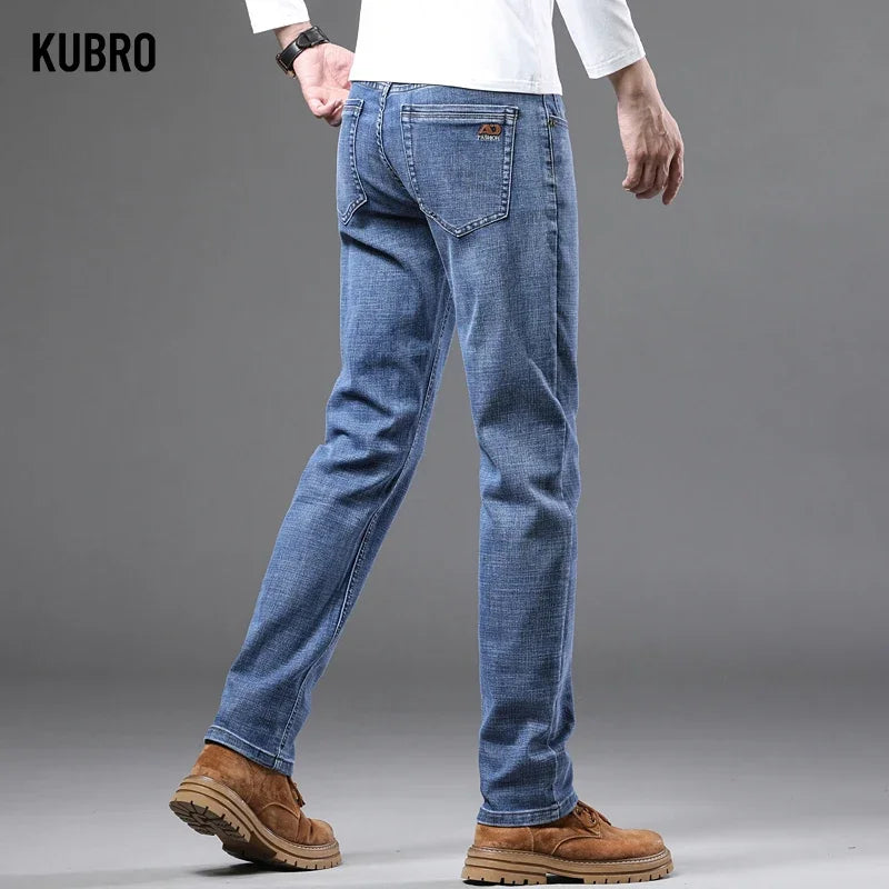 Spring Fashion Men's Light Blue Slim Jeans Stylish Business Casual Stretch Fabric Denim Pants Classic All Match Trousers