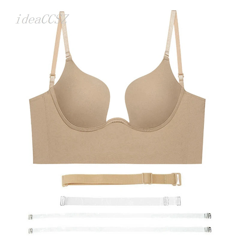 Women Sexy Invisible Bra with Transparent Strap Deep U Plunge Bras Backless