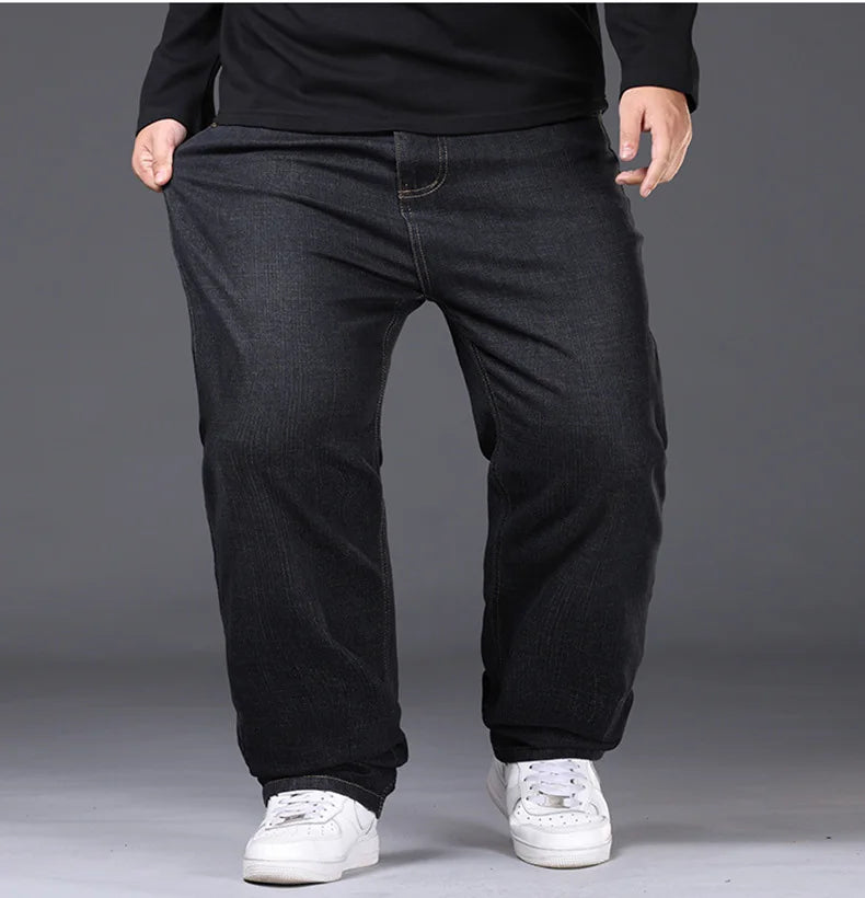 34-50 Sizes Men's Stretch Jeans Straight Leg Denim Pants Extended Sizing Blue/Black Streetwear Relaxed Fit for Work & Casual