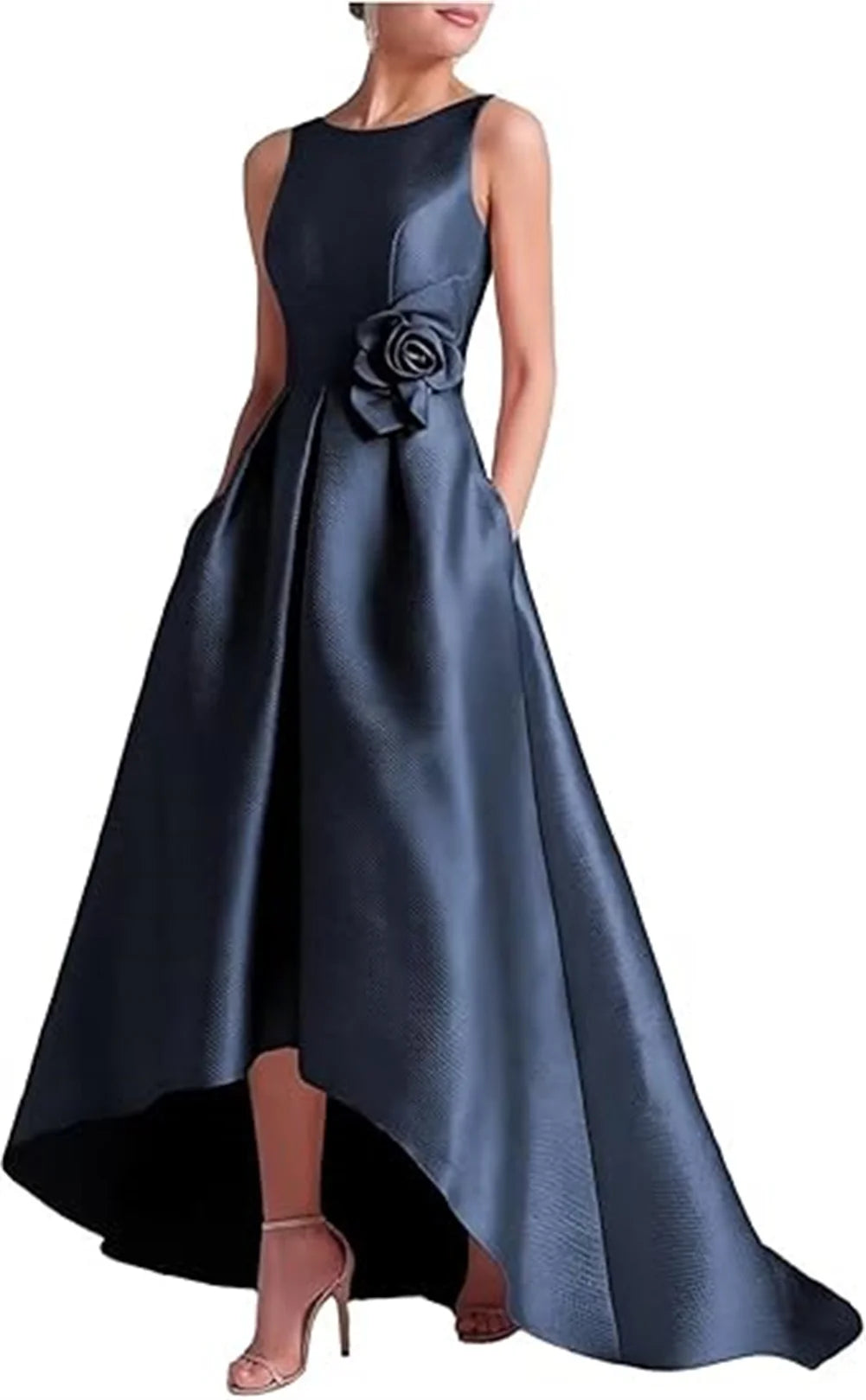 Customized High Low Satin Dresses Wedding Guest Mother of the Bride With Pocket Sleeveless Party Evening Gown
