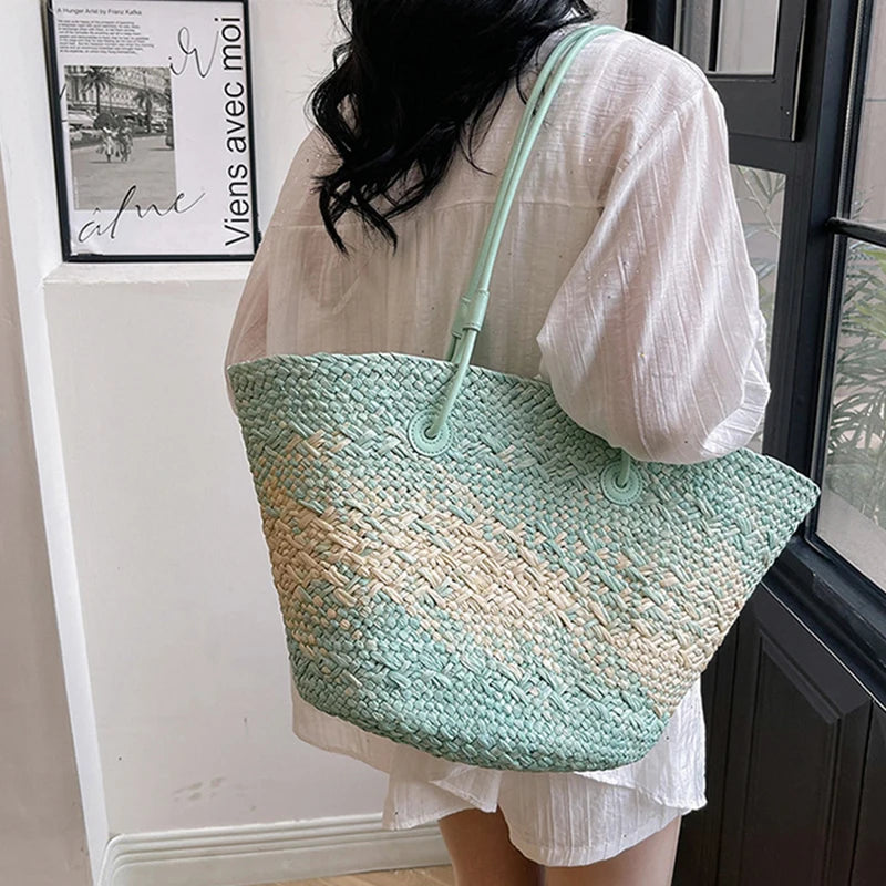 Color Straw Underarm Shoulder Bag, Summer Beach Vacation Travel Tote Bag