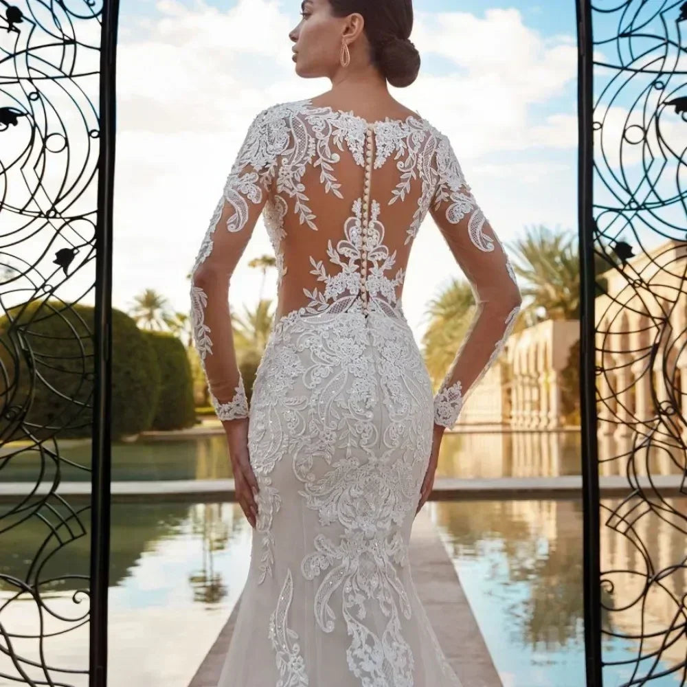 Boho Mermaid Wedding Dress - Long Sleeve Lace Gown Customizable