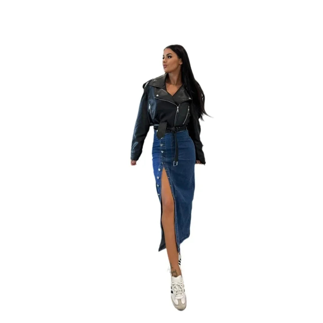 Women's Buttons Split Half-body Denim Skirt High Waist Slim Hip