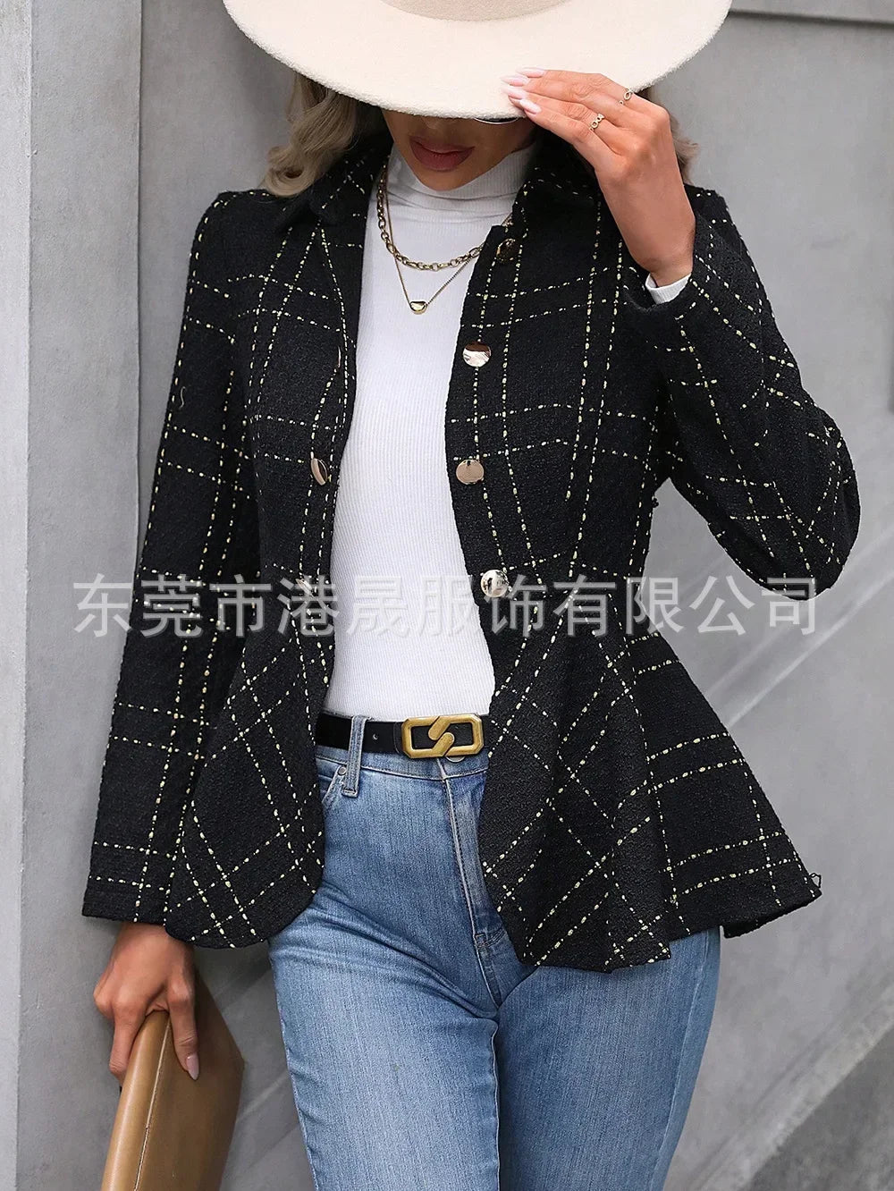 Women Ruffle Slim Blazer Jacket Long Sleeve Double Breasted