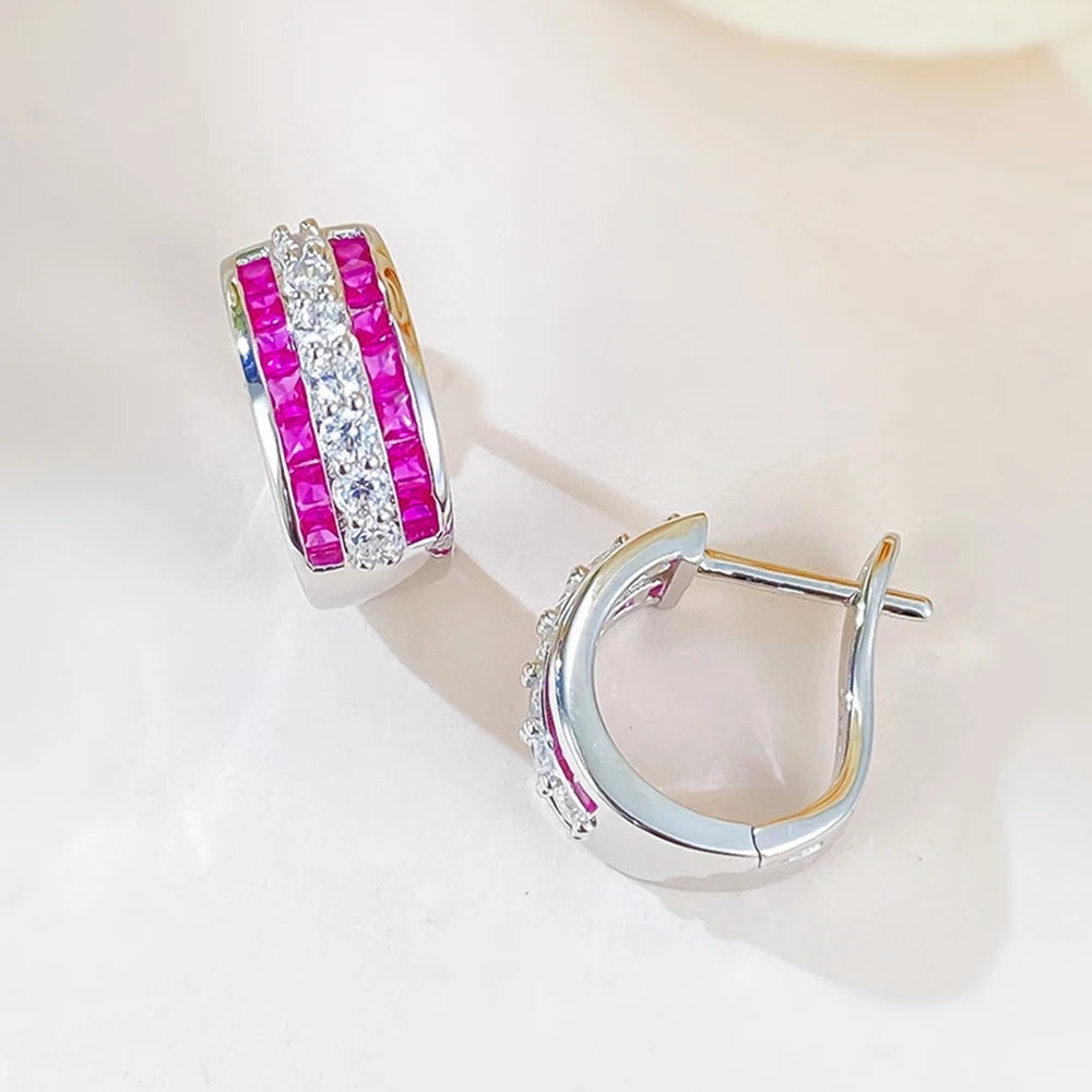 Sapphire Ruby High Carbon Diamond Gems Hoop Earrings for Women 100% 925 Sterling Silver Fine Jewelry