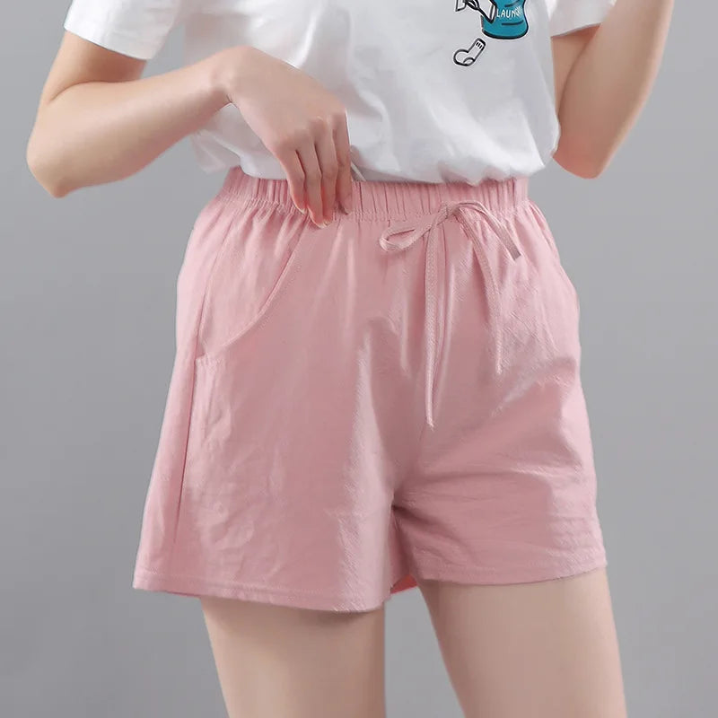 Women Summer Shorts Korean Wide Leg Casual Solid Drawstring Elastic Waist Cotton