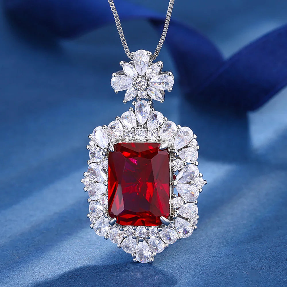 Ruby Necklace Pendant Rings Dangle Earrings Lab Diamond Fine Jewelry Sets