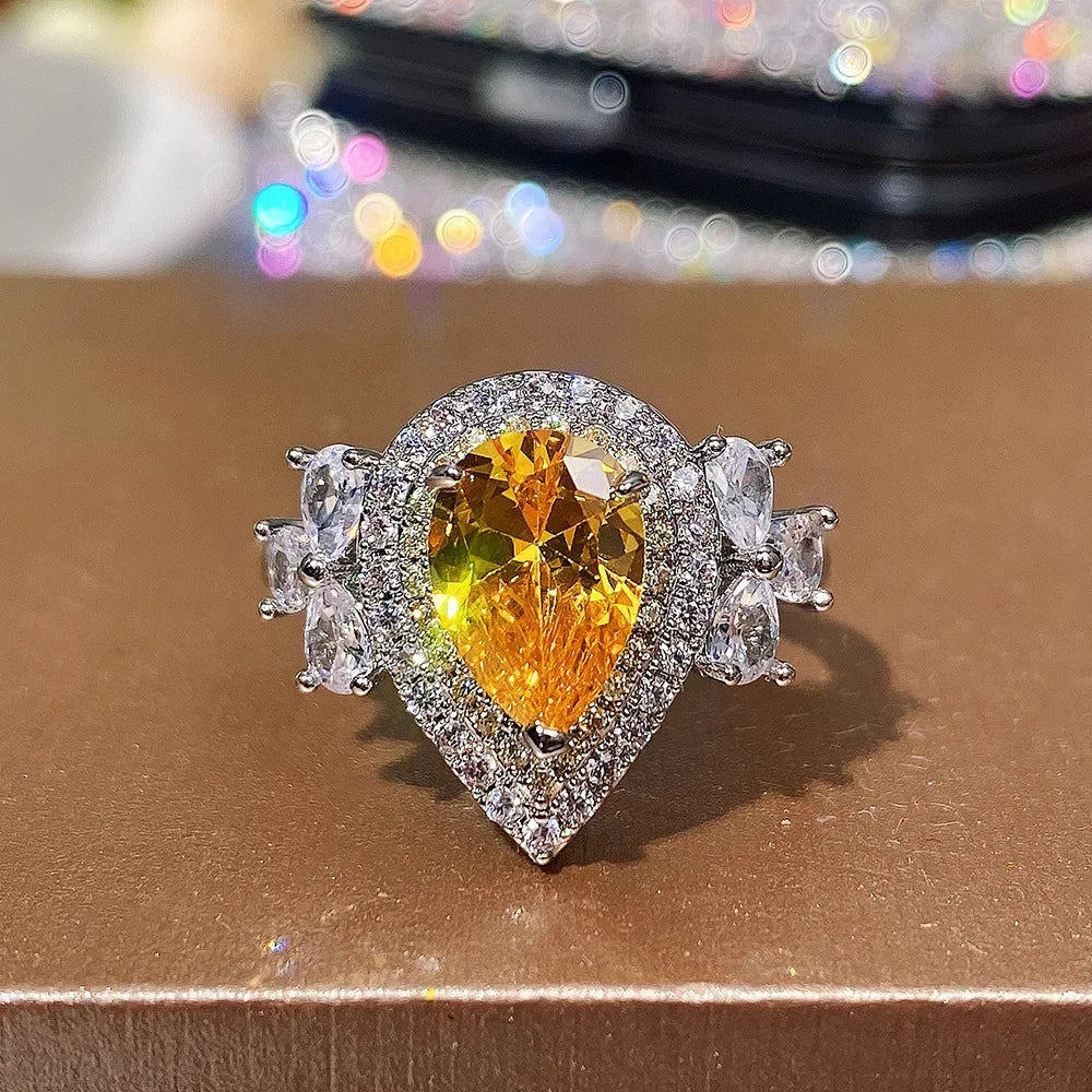 Fashion Luxury Ring Water Drop Pearl Shape Yellow color Zircon