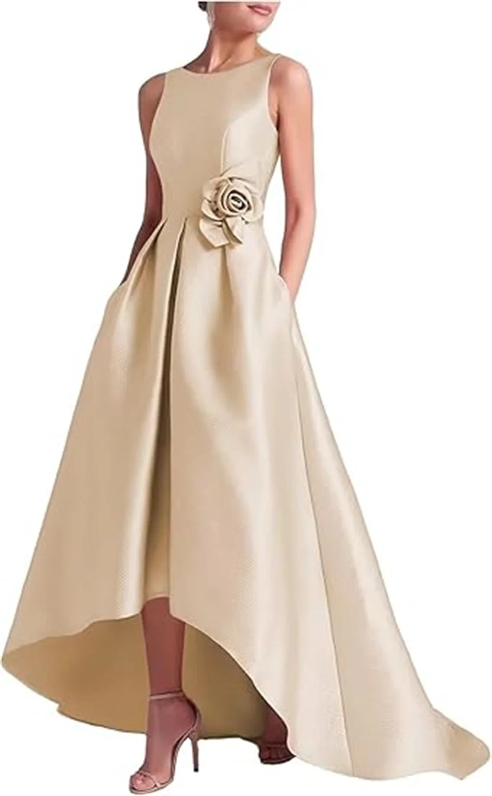 Customized High Low Satin Dresses Wedding Guest Mother of the Bride With Pocket Sleeveless Party Evening Gown