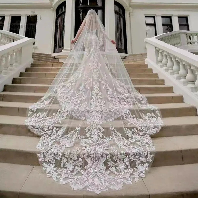 Beautiful Royal Bridal Veil with Comb Bling Sequins Lace 3M Long Soft Tulle
