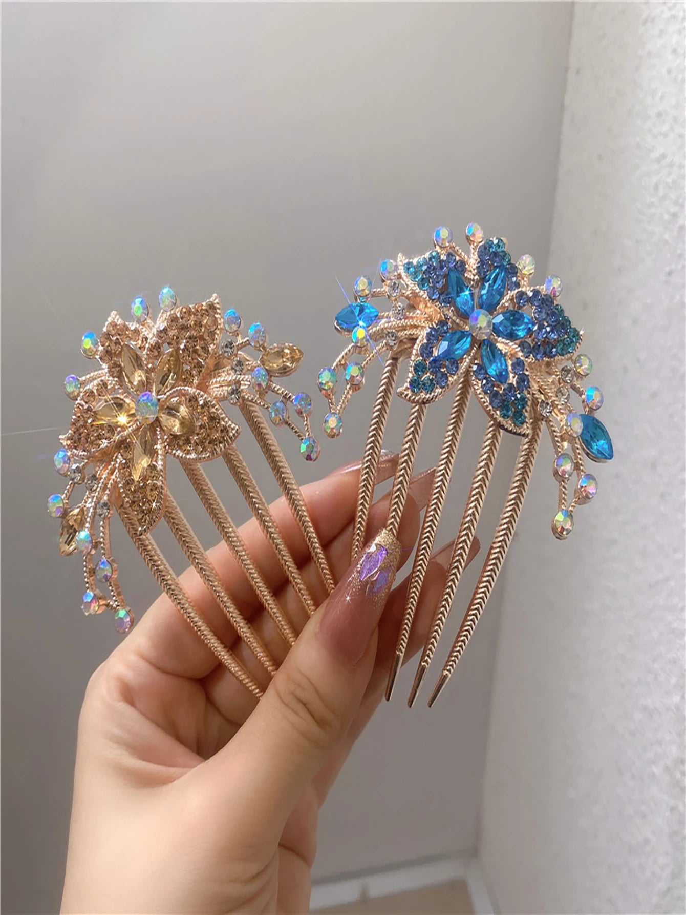 Multi-color Luxury Rhinestone Hairpin Flower Leaf Comb Women Wedding Elegant Hair Accessories