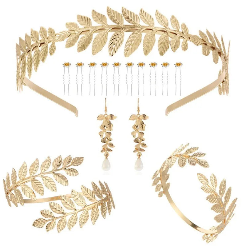 European and American new fashion personality golden leaf pearl headband bridal crown baroque party headgear