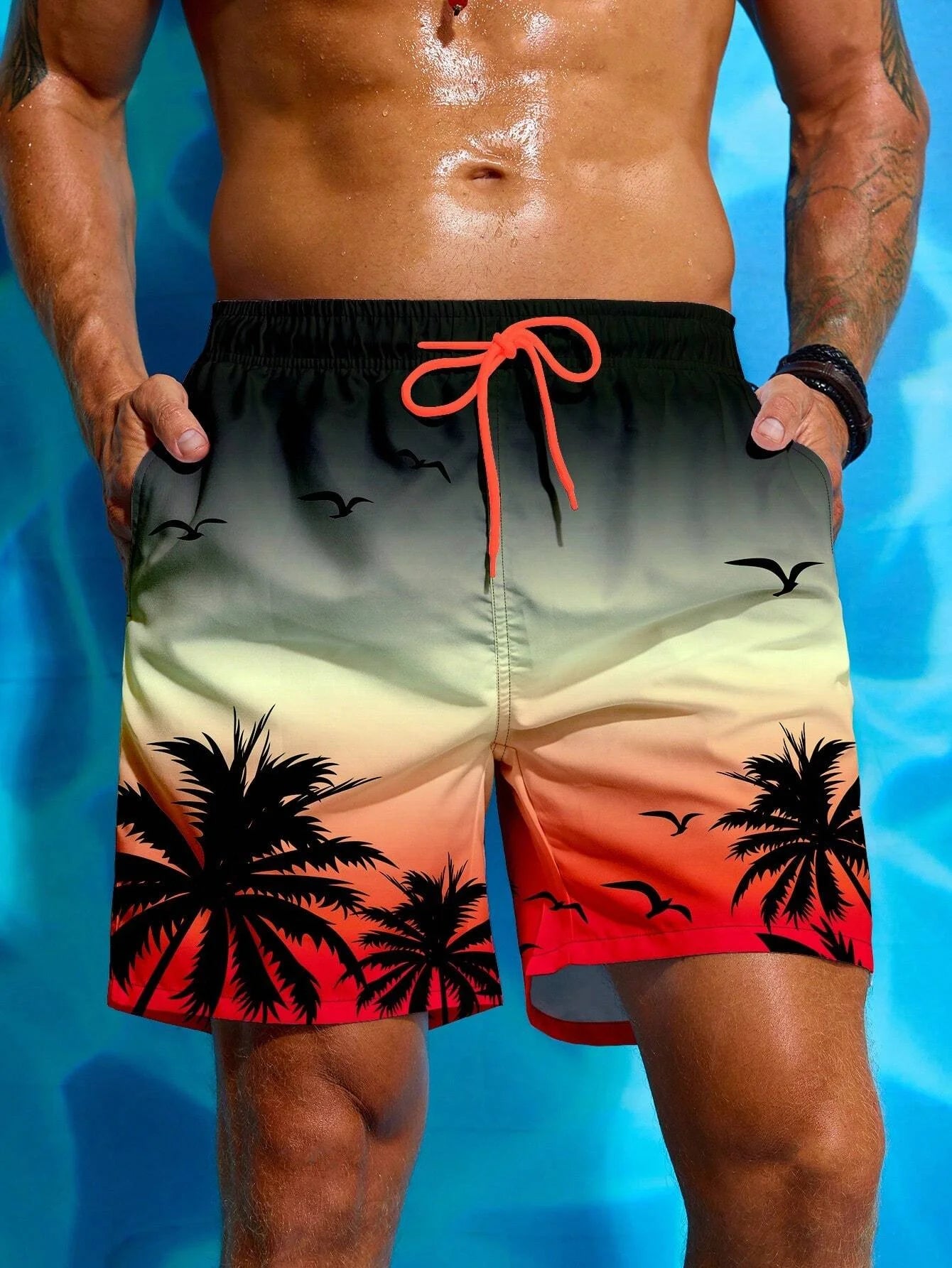 Men's Palm Tree 3D Printed Drawstring Swimming Breathable Shorts
