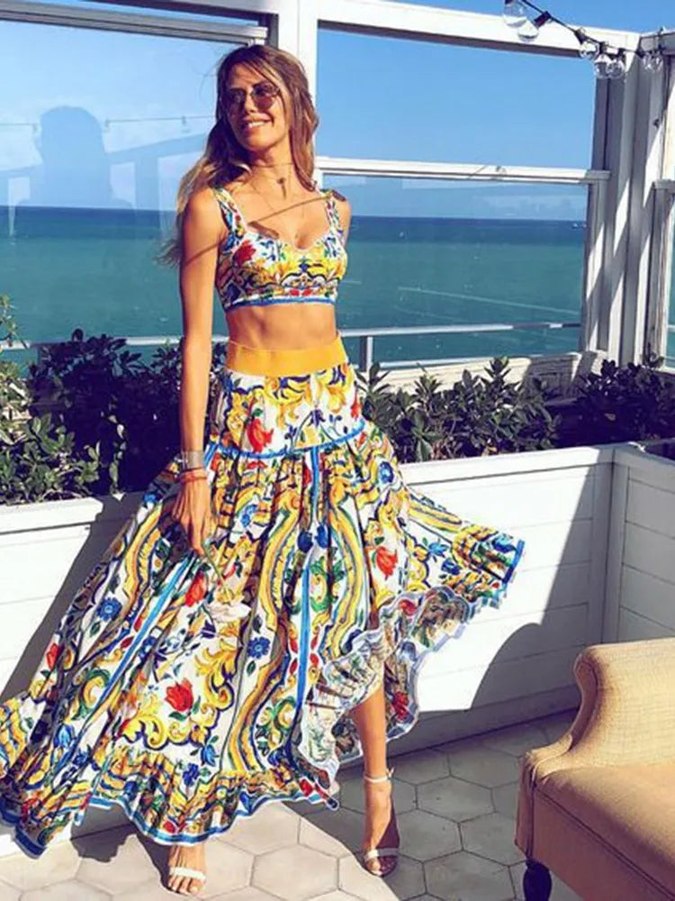 Bohemian Summer Style Two Piece Print A-Line Skirt & Camisole