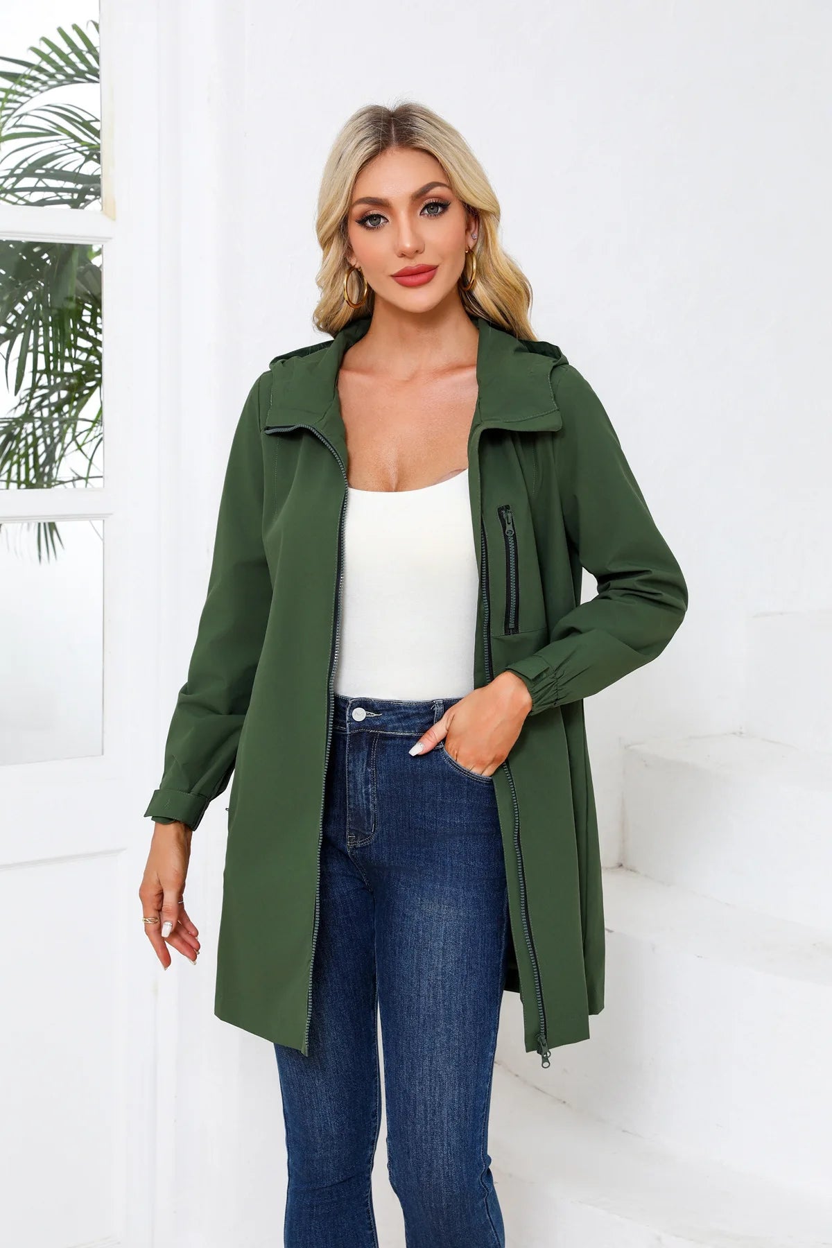 Spring Women's Hooded Long Jacket, Size S-3XL