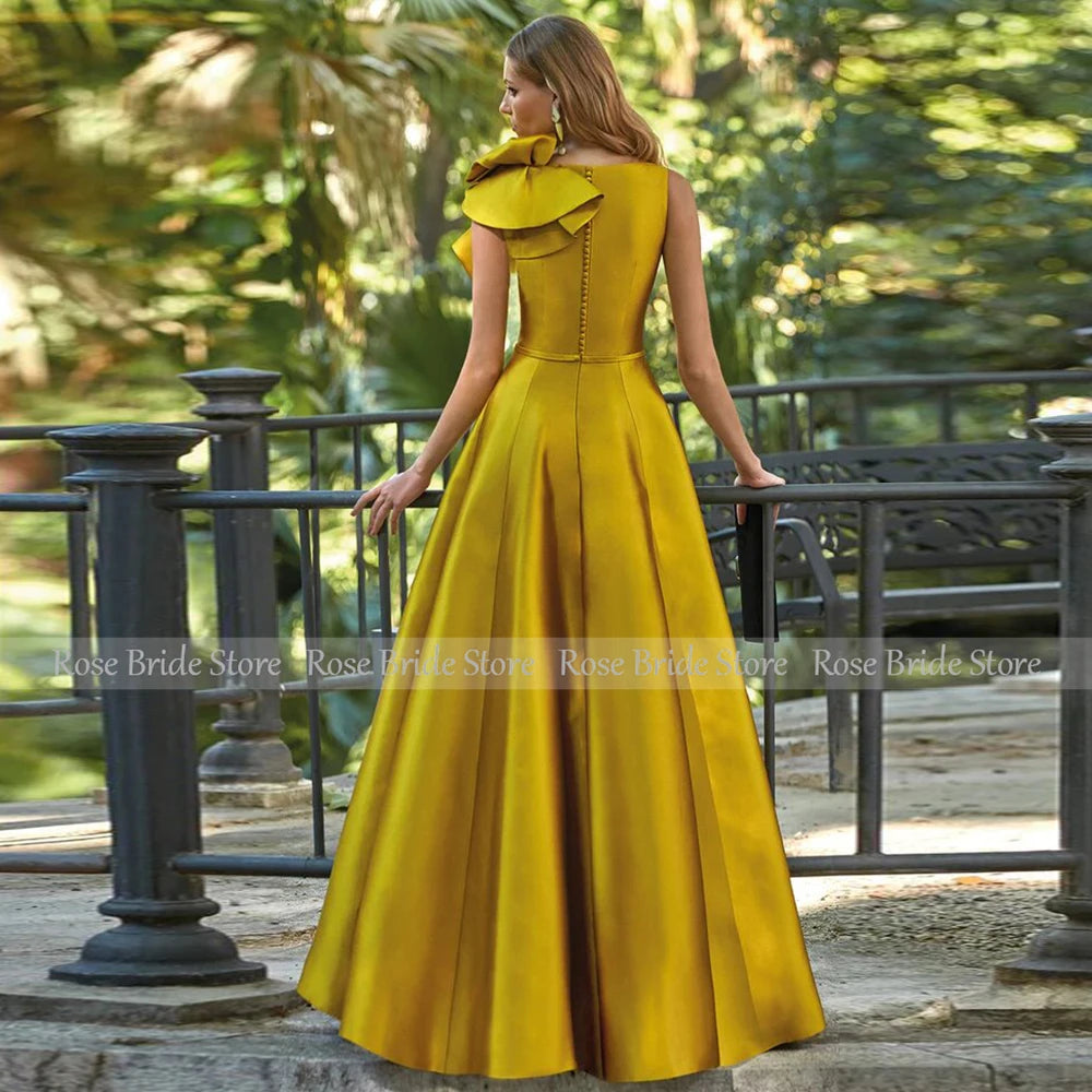 Formal Golden Satin Ruched Ruffles Gown Dress A-line V-neck Special Occasion