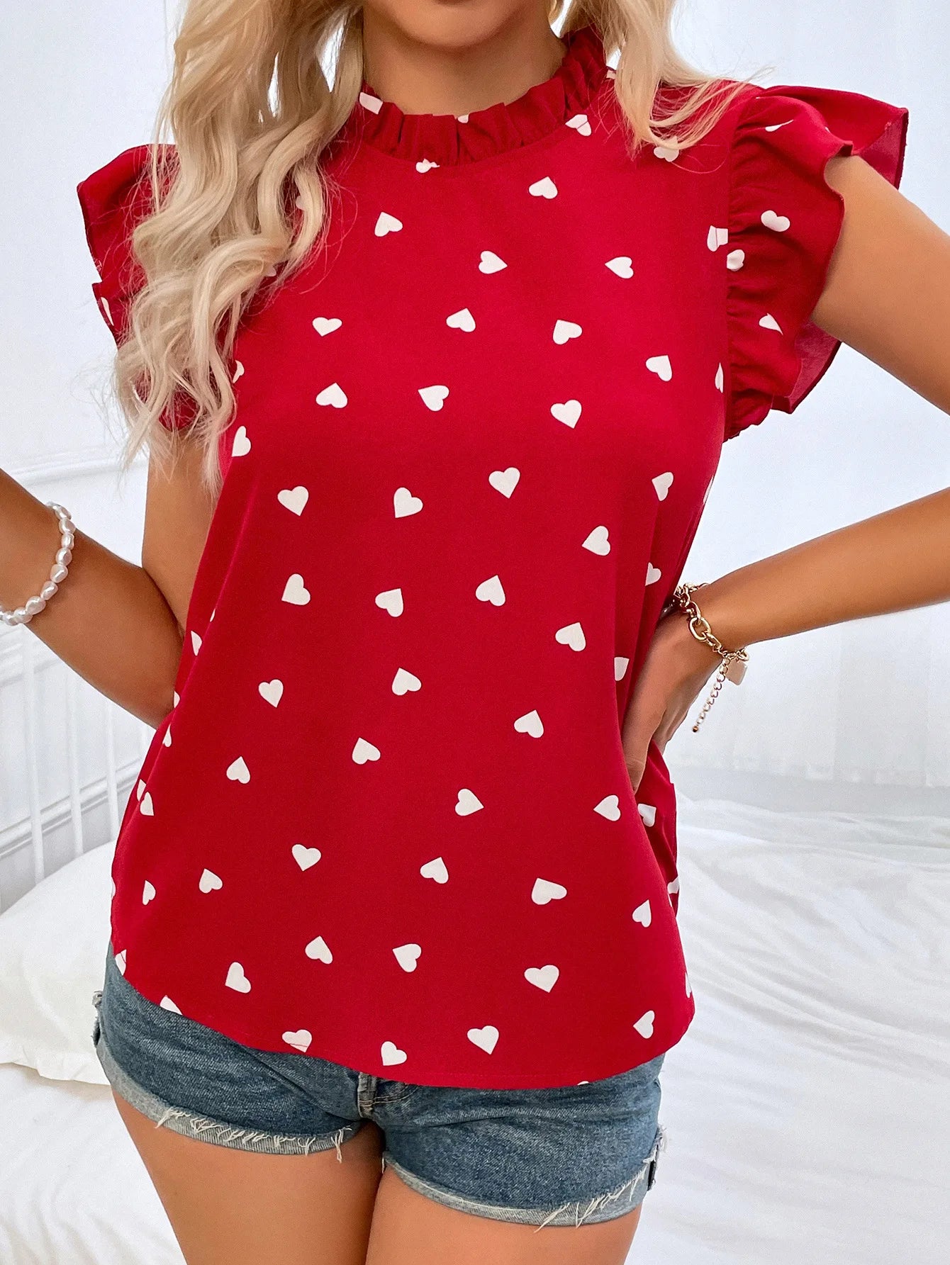 Fashion Chiffon Print Women's Shirt Ruffle Short Sleeve