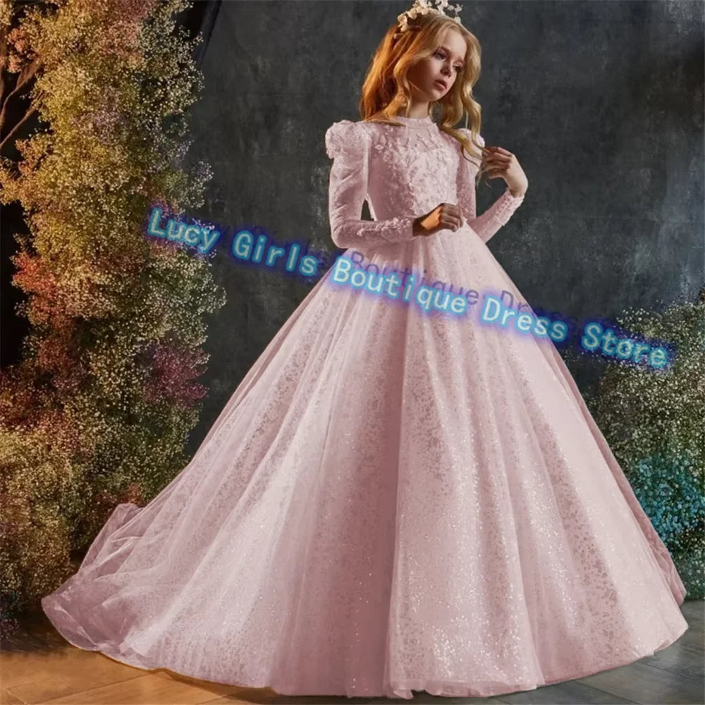 Luxury Sequins Flower Girl Dress For Wedding Party Baptism Birthday Gowns Tulle High Neck