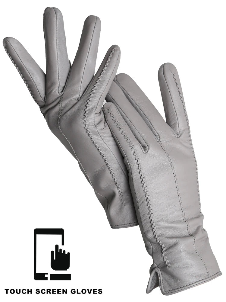 Women's Leather winter warm gloves with velvet thin touch screen