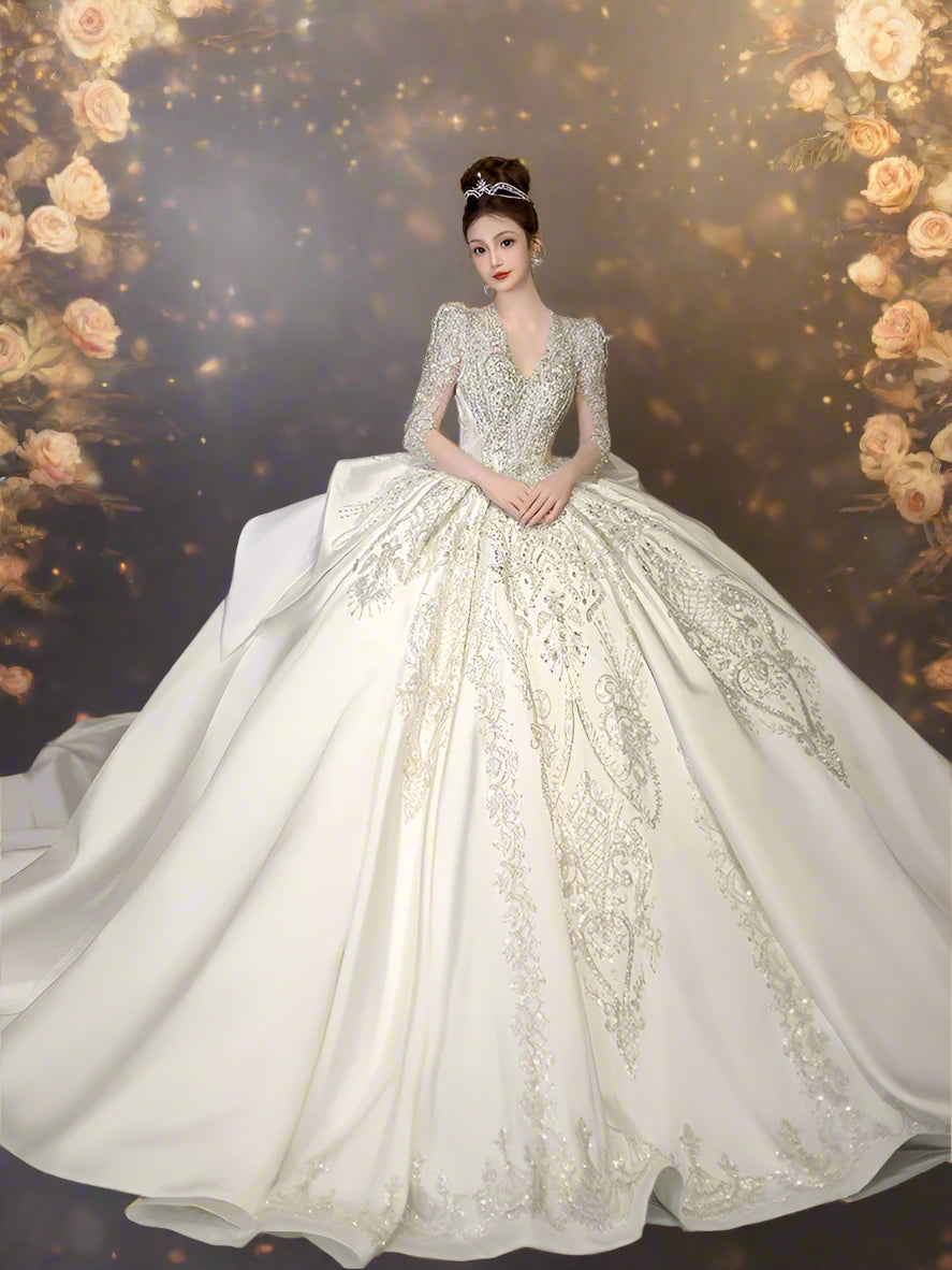 Luxury Classic Full sleeve Satin Wedding Dresses with Royal Train Customized