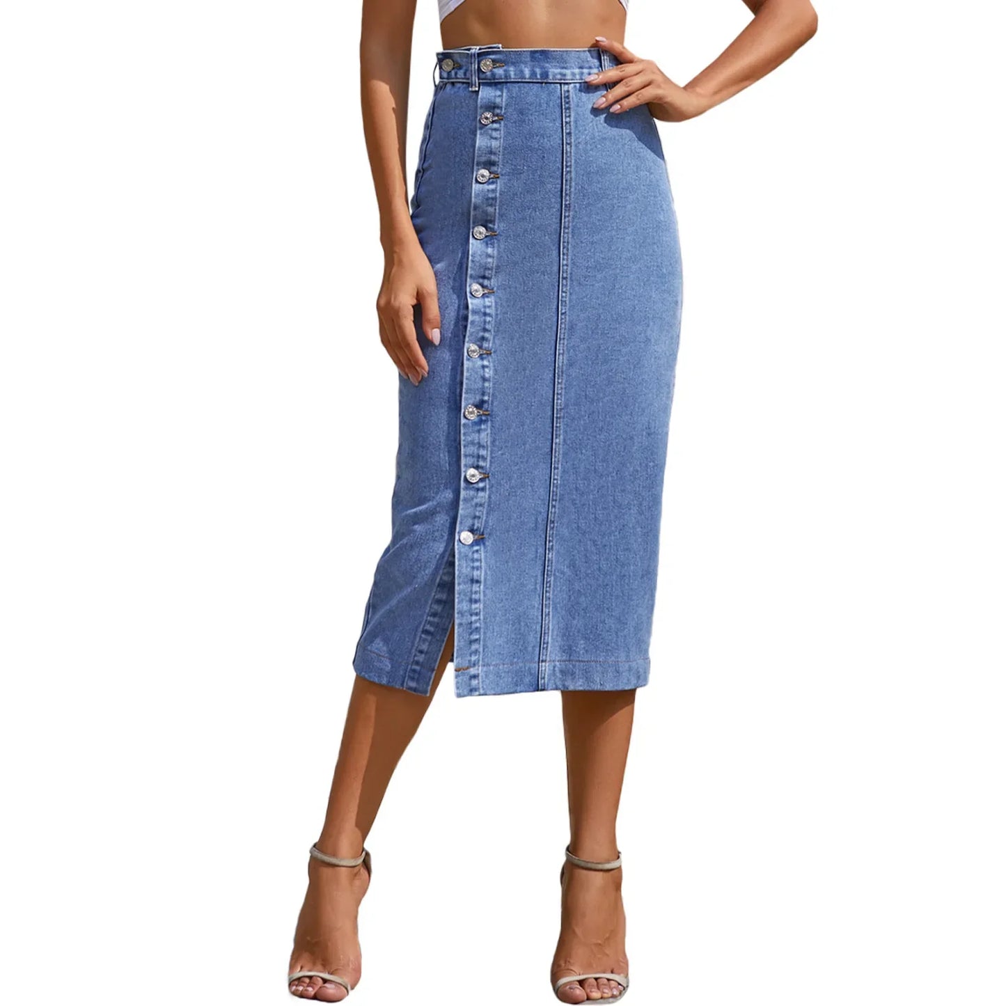 Women Denim Jean Maxi Skirt Side Split