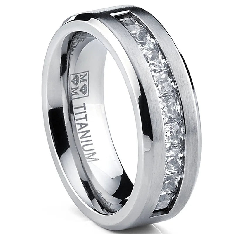 Silver Plated Stainless Steel Rings for Men Square Cubic Zircon