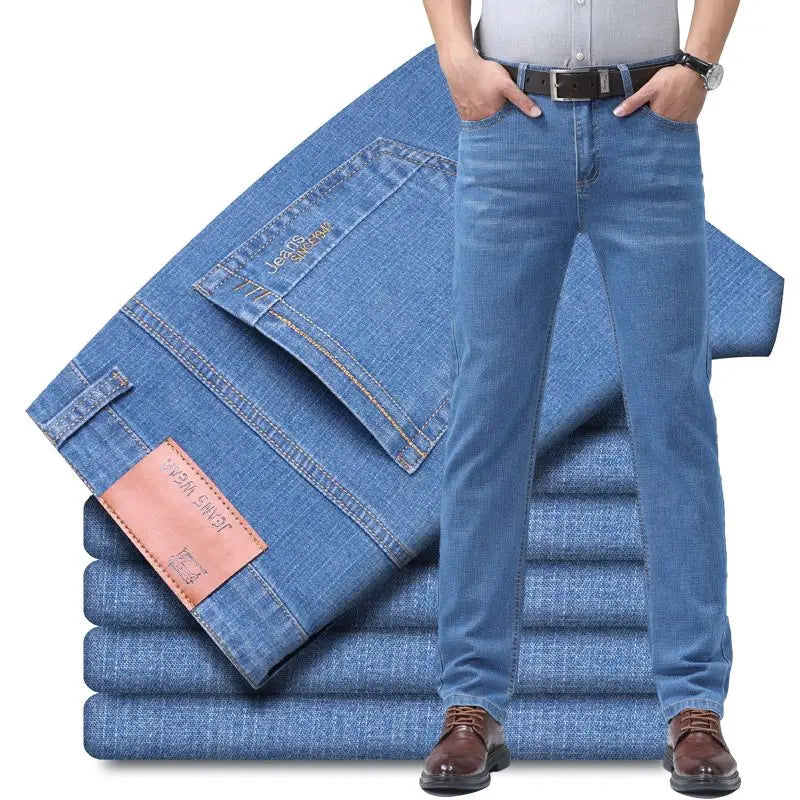 Summer Thin Men's Elastic Cotton Blue Jeans Comfortable Straight Casual Wear Pants