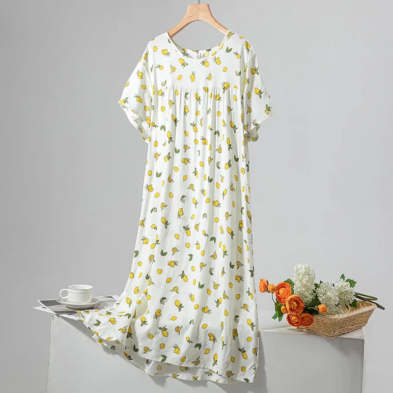 Summer Women Nightgown Short Sleeve Round Neck