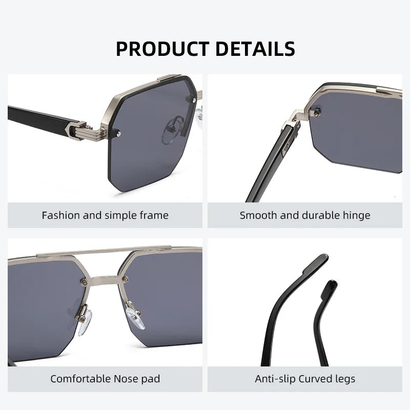 Trendy Aviator Sunglasses for Mens Womens Retro Double Bridge Metal Driving UV400 Outdoor Eyewear Semi-Rimless Lentes De Sol