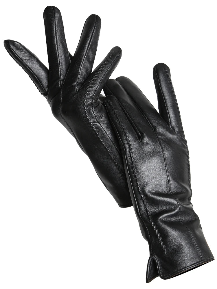 Women's Leather winter warm gloves with velvet thin touch screen
