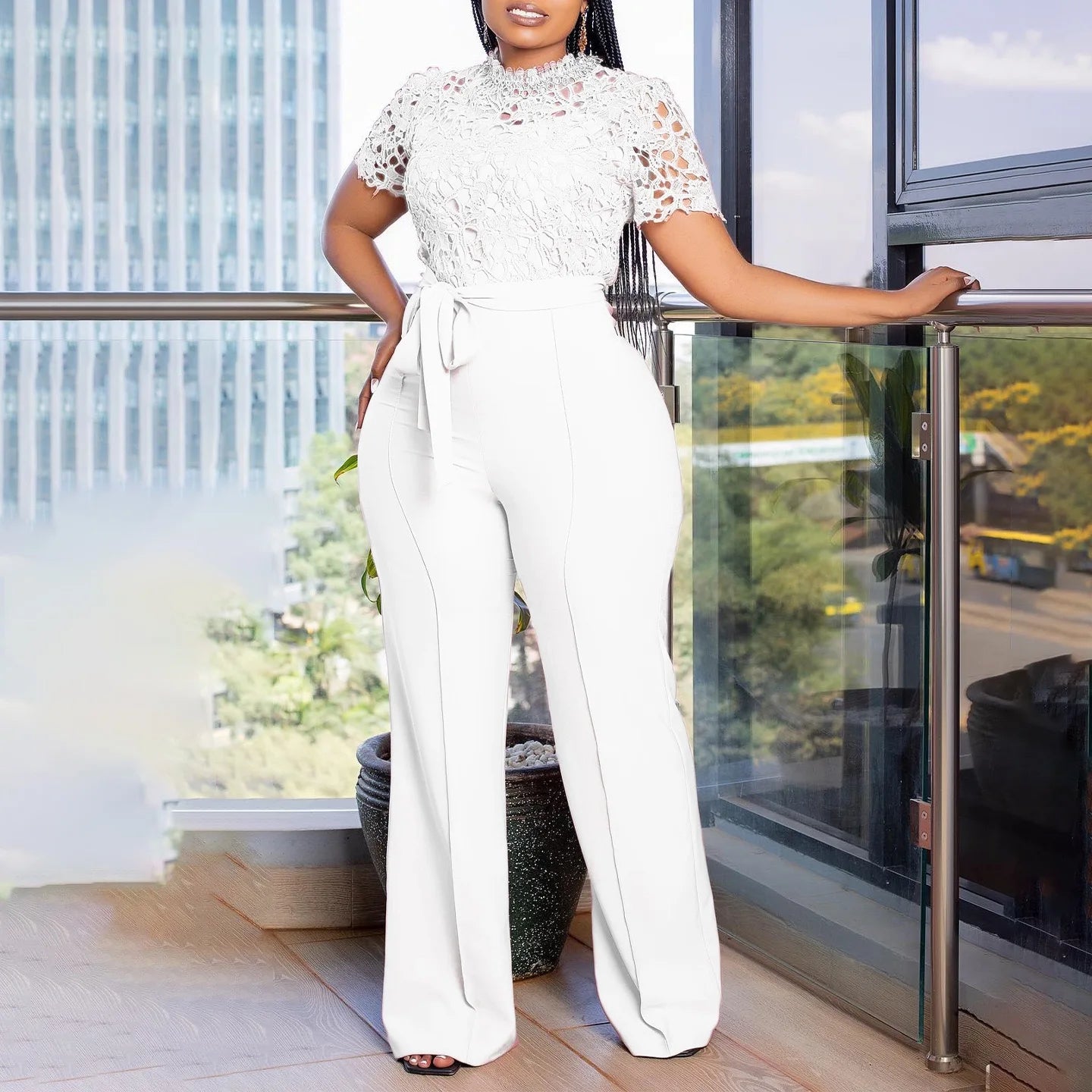 Elegant Jumpsuits & Rompers for Women O Neck Short Sleeve Sashes Lace