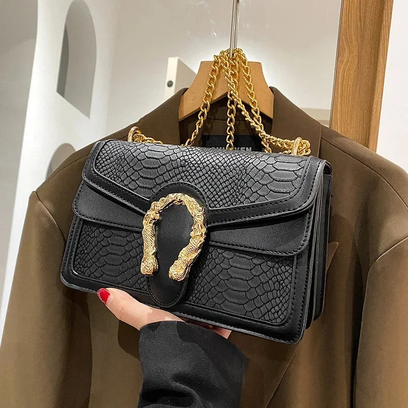 Gold Chain Crossbody Women's Fashion Bag Crocodile Pattern