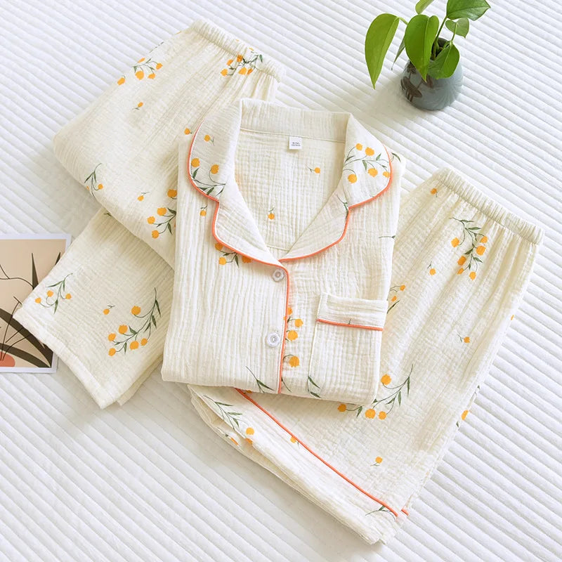 Summer women's cotton crepe three-piece short sleeve + shorts + trousers large size simple flower pajamas