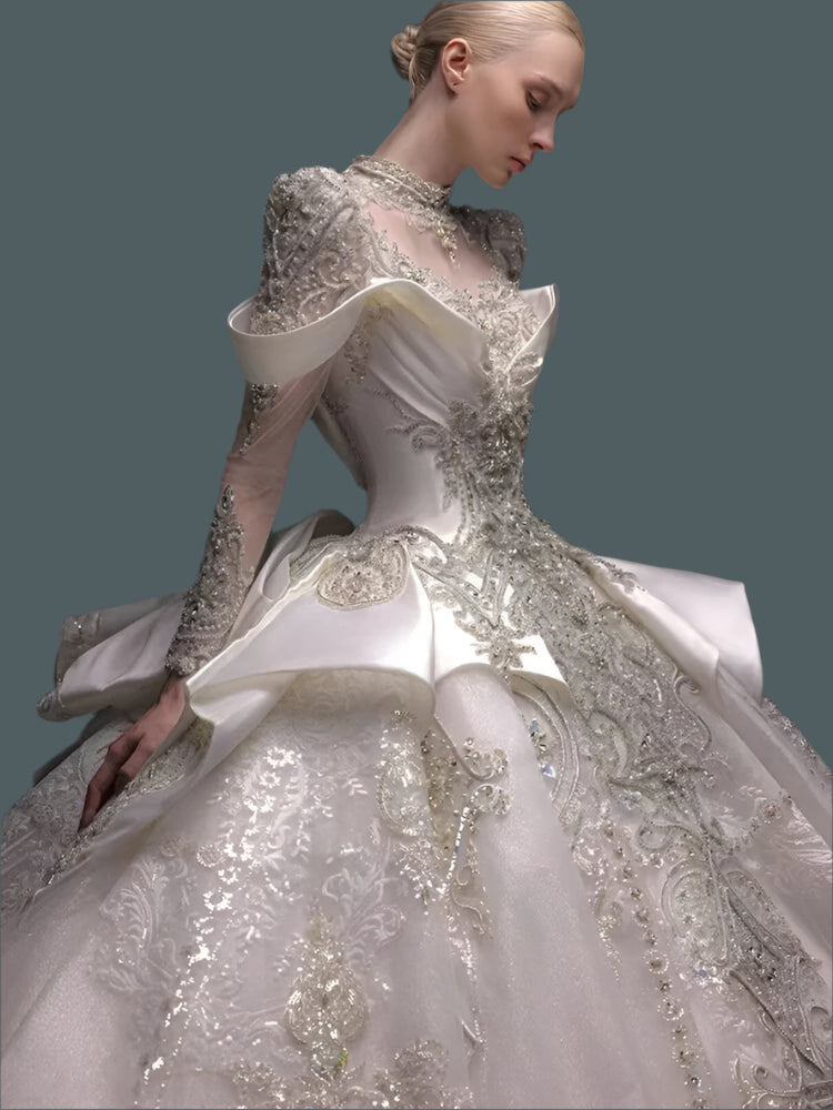 Luxury Bridal Wedding Dress Long Sleeve Princess Sparkling Beaded Customized