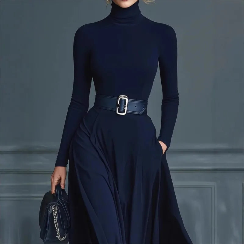 Elegant Half High Collar Knitted Long Sleeve Long Autumn Dress