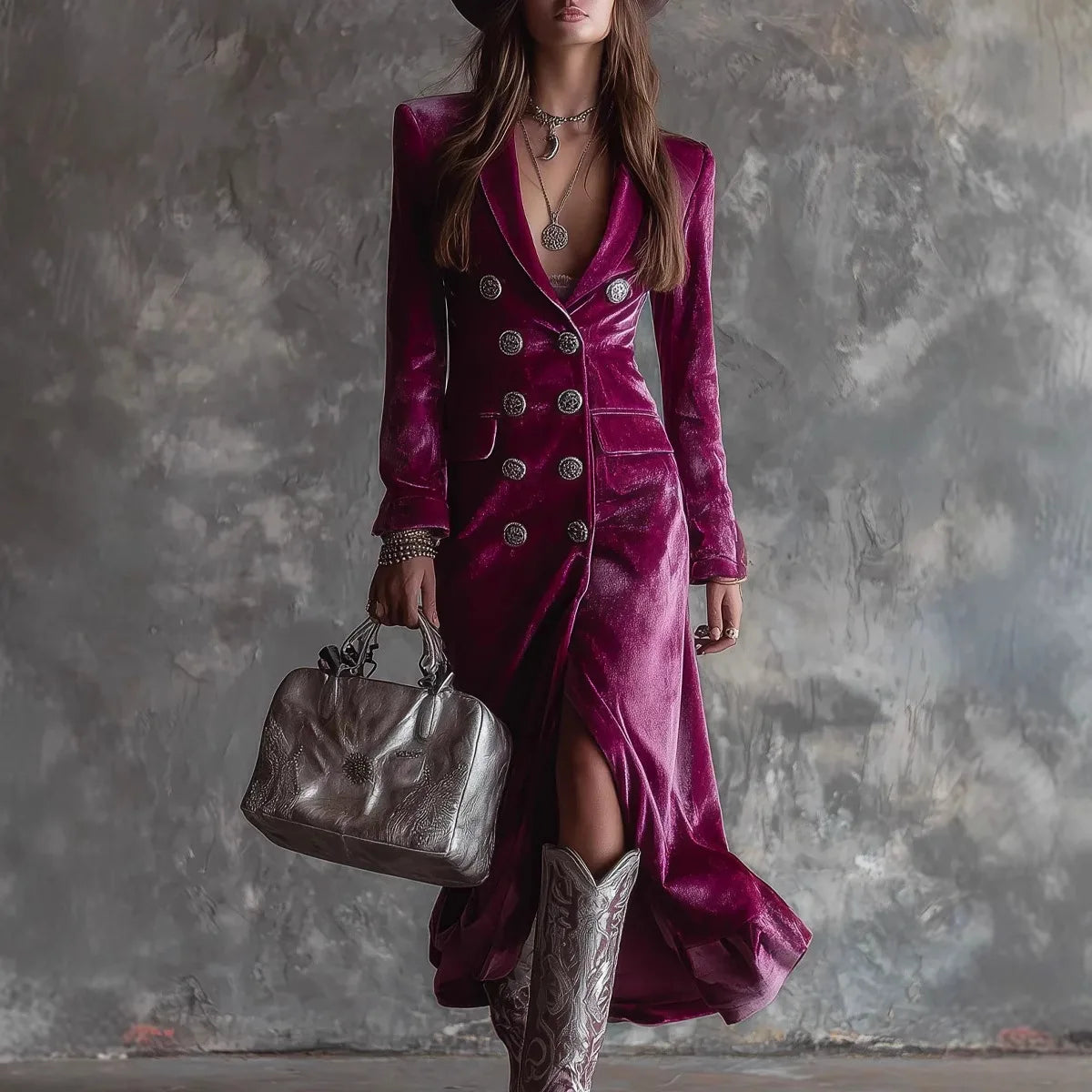 Elegant Women Velvet Lapel Double Breasted Long Sleeve Slit Midi Dress Autumn Winter Solid Color Slim Fit