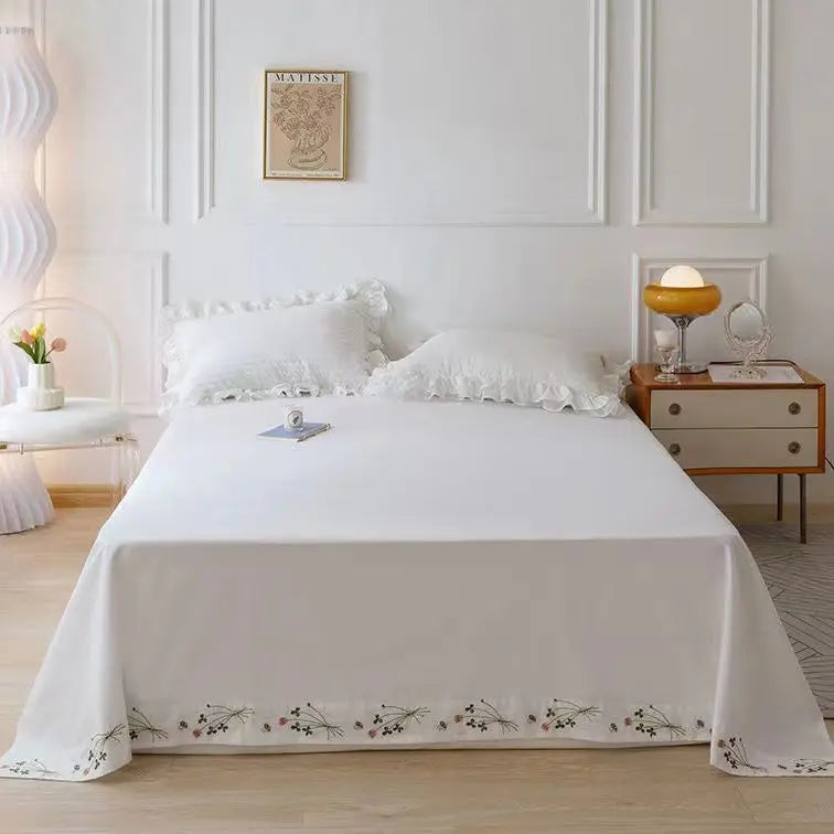 Pure White Embroidery Floral Flat Sheets 100% Cotton