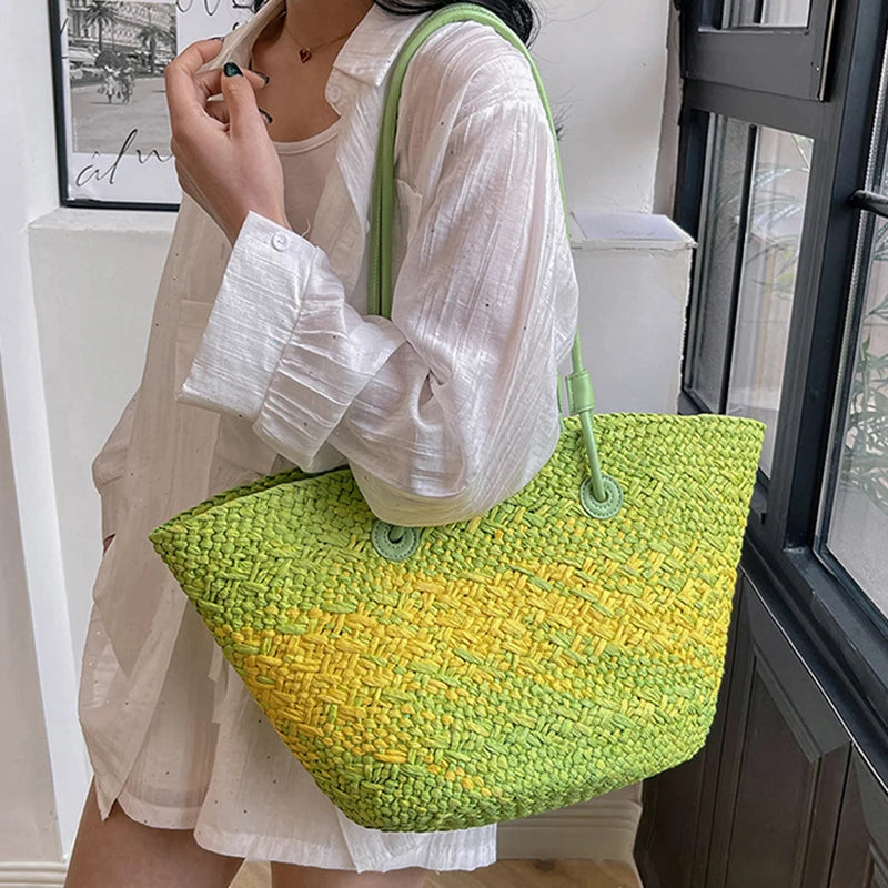 Color Straw Underarm Shoulder Bag, Summer Beach Vacation Travel Tote Bag