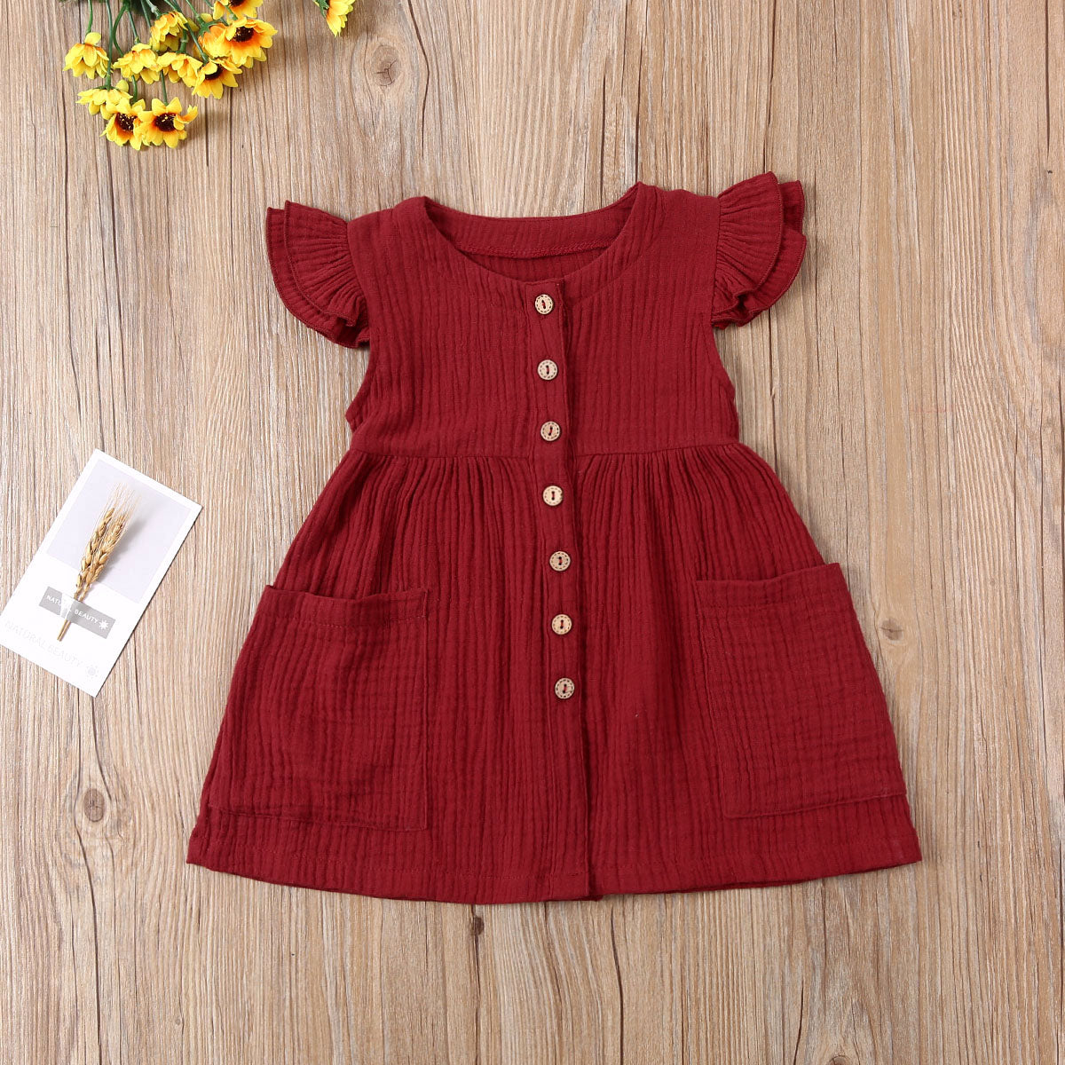 0-6Years Toddler Kid Baby Girl Summer Dress Ruffles Sleeves Cotton Button Pocket Dress Sundress