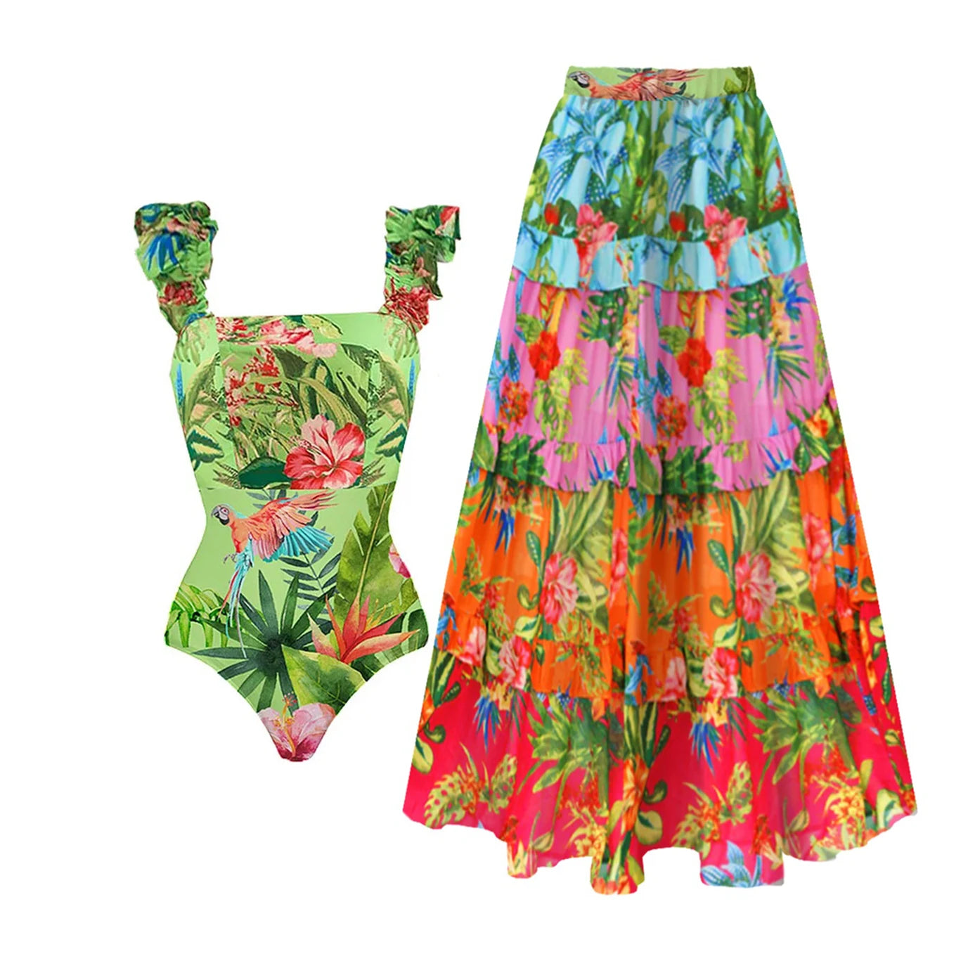 2-Piece Shoulder Ruffle Swimsuit With Cover Up Sexy Beachwear