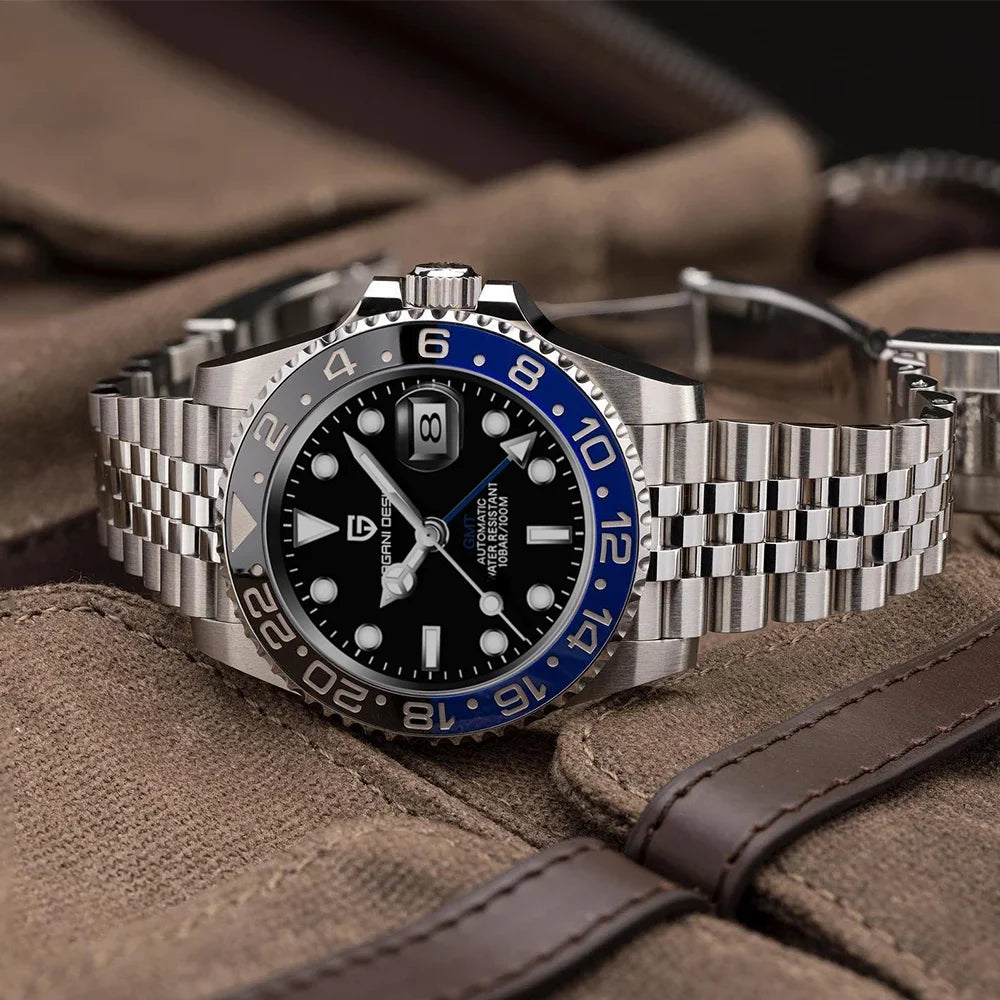 Luxury GMT Men's Mechanical Wristwatch Sapphire Glass Stainless Steel 100M Waterproof Automatic