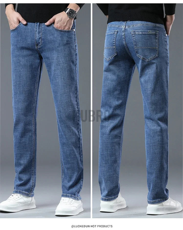 Spring Fashion Men's Light Blue Slim Jeans Stylish Business Casual Stretch Fabric Denim Pants Classic All Match Trousers