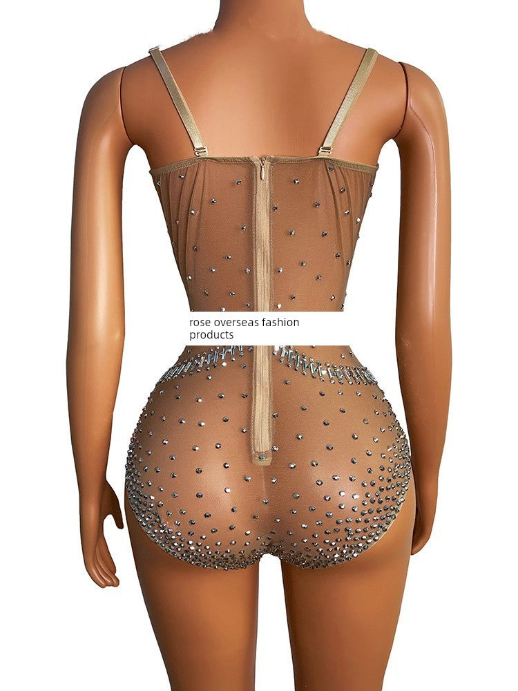 Rhinestone Diamond Ultra Short Bra Collar Jumpsuits