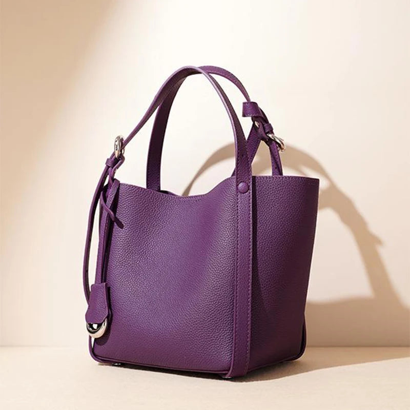 Luxury Genuine Leather Crossbody Shoulder Bag, Cowhide Bag Large Capacity Bucket Handbag