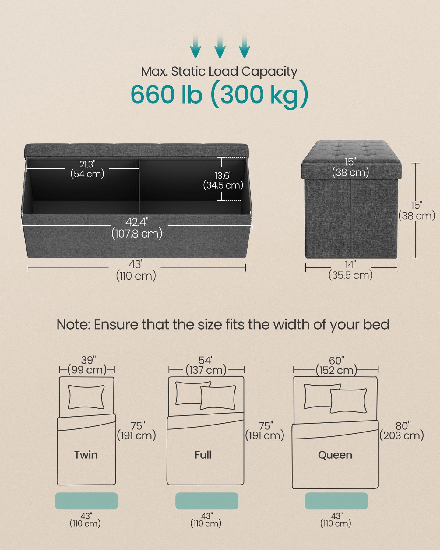 Mazie Collection - 43 Inches Folding Storage Ottoman Bench, Ottoman Foot Rest, End of Bed Bench, Storage Chest