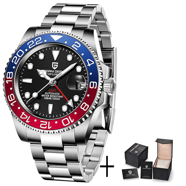 Luxury GMT Men's Mechanical Wristwatch Sapphire Glass Stainless Steel 100M Waterproof Automatic