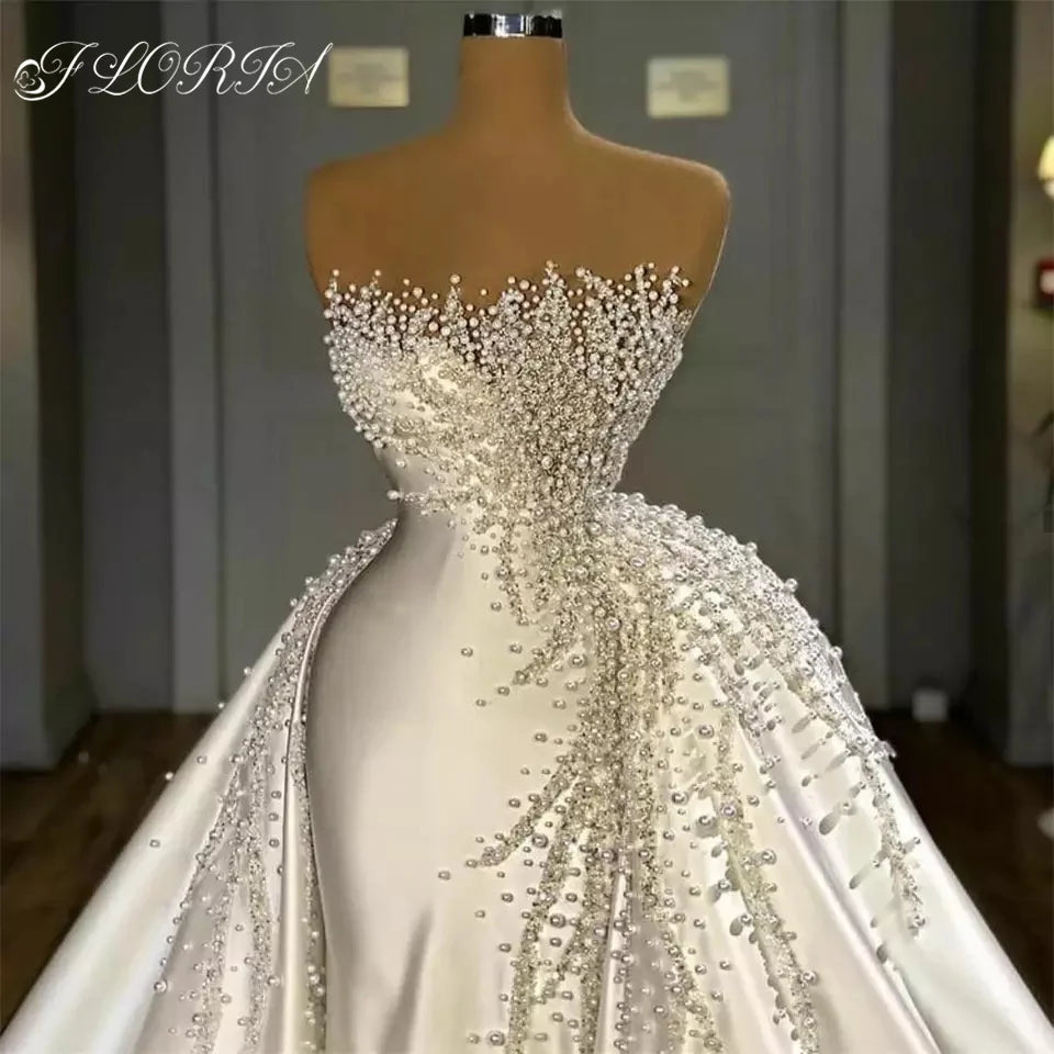 Elegant Pearls Crystal Mermaid Wedding Dress Strapless Overskirt Satin Bridal Gown